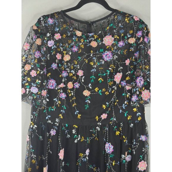 Mac Duggal 68638 Black Midi Dress  Colorful Sequin Floral Embroidered 18W Plus - Picture 6 of 9